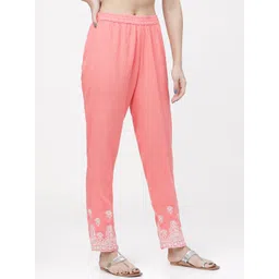 Vishudh Women Coral Pink Pure Cotton Slim Fit Solid Regular Trousers image 4