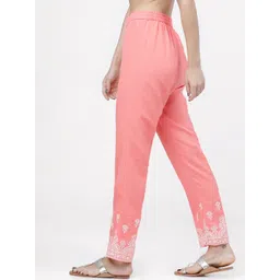 Vishudh Women Coral Pink Pure Cotton Slim Fit Solid Regular Trousers image 2