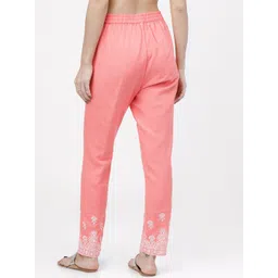 Vishudh Women Coral Pink Pure Cotton Slim Fit Solid Regular Trousers image 3