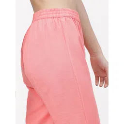 Vishudh Women Coral Pink Pure Cotton Slim Fit Solid Regular Trousers image 5