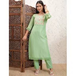 Vishudh Women Ethnic Motifs Yoke Design Regular Thread Work Kurta with Trousers-picture-18
