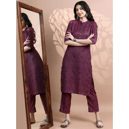 Vishudh Women Faux Pashmina Ethnic Motifs Printed Mandarin Collar Kurta with Trousers-picture-13