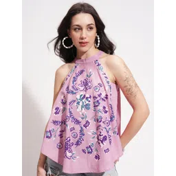 Vishudh Women Floral Print Halter Neck A-Line Cotton Top-picture-24