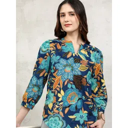 Vishudh Women Floral Printed Mandarin Collar Bishop Sleeves Cotton Top-picture-20