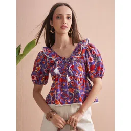 Vishudh Women Floral Printed Puff Sleeve Ruffles Cotton Top-picture-17