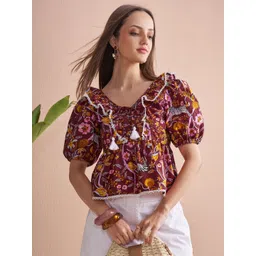 Vishudh Women Floral Printed Ruffled Lace Puff Sleeve Cotton Top-picture-18