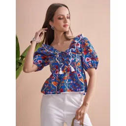 Vishudh Women Floral Printed Rufflesd Lace Puff Sleeve Cotton Top-picture-16