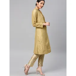 Vishudh Women Gold-Toned & Beige Solid Kurta with Trousers-picture-27