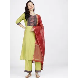 Vishudh Women Green & Red Ethnic Motifs Yoke Design Empire Kurta with Palazzos & Dupatta-picture-25