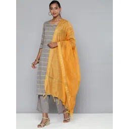 Vishudh Women Grey & Gold-Coloured Checked Kurta with Trousers & Dupatta-picture-37