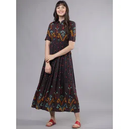 Vishudh Women Grey & Mustard Yellow Printed A-line Dress-picture-24