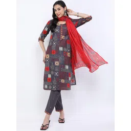 Vishudh Women Grey Striped Pure Cotton Kurta with Trousers & With Dupatta-picture-18