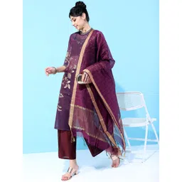 Vishudh Women Maroon Floral Embroidered Layered Kurta With Inner And Trouser And Dupatta-picture-12