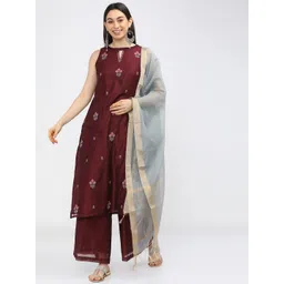 Vishudh Women Maroon Floral Embroidered Regular Kurta with Palazzos-picture-37