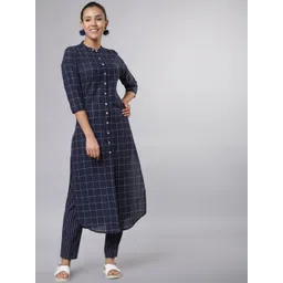 Vishudh Women Navy Blue & White Checked Kurta with Trousers-picture-33