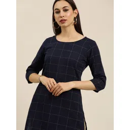 Vishudh Women Navy Blue & Yellow Checked Straight Kurta-picture-20