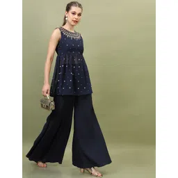 Vishudh Women Navy Blue Ethnic Motifs Embroidered Empire Kurti with Palazzos & With Dupatta-picture-37