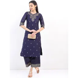 Vishudh Women Navy Blue Floral Printed Kurta with Palazzos-picture-38