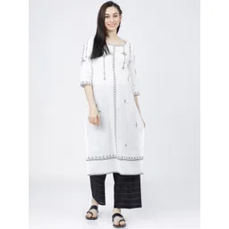 Vishudh Women Off White & Black Geometric Yoke Design Thread Work White Romance Kurta-picture-17