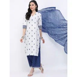 Vishudh Women Off White Ethnic Motifs Printed Pure Cotton Kurta with Palazzos & With Dupatta-picture-19