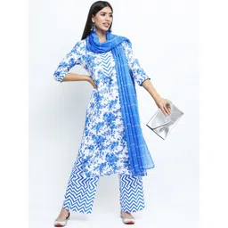 Vishudh Women Off White Printed A-line Kurti with Palazzos and dupatta-picture-11
