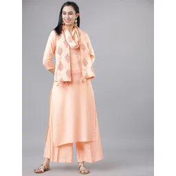 Vishudh Women Peach-Coloured & Gold-Toned Solid Kurta with Palazzos & Dupatta-image-4