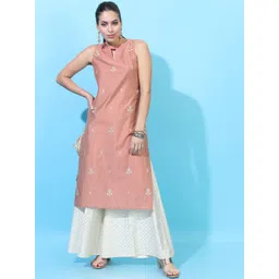 Vishudh Women Peach-Coloured Embroidered High Slit Kurti with Sharara-image-27