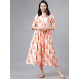 Vishudh Women Peach-Coloured Floral Print Fit and Flare Dress-image-29