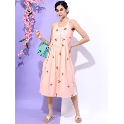 Vishudh Women Peach Embroidered Floral Dress-image-19