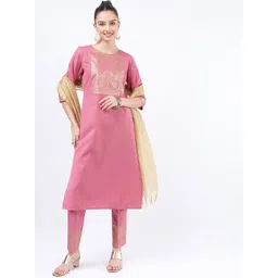 Vishudh Women Pink Ethnic Motifs Yoke Design Kurta with Trousers & With Dupatta-picture-39