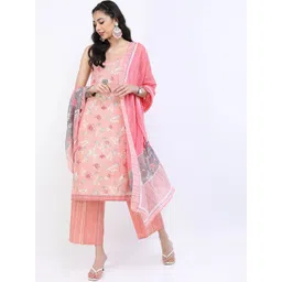 Vishudh Women Pink Floral Embroidered Layered Pure Cotton Kurta with Palazzos & With Dupatta-picture-32
