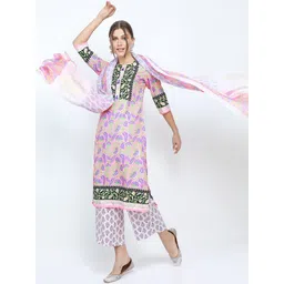 Vishudh Women Pink Floral Straight Kurti with Trousers & Dupatta-picture-23