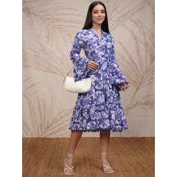 Vishudh Women Printed Bell Sleeve Fit & Flare Midi Dress-picture-37