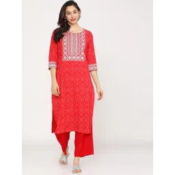 Vishudh Women Red & White Ethnic Motifs Yoke Design Regular Kurta With Trousers-picture-36