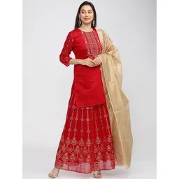 Vishudh Women Red Embroidered Regular Kurti with Skirt & With Dupatta-picture-24