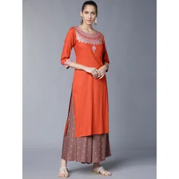 Vishudh Women Rust Orange & Brown Printed Kurta with Palazzos-picture-18