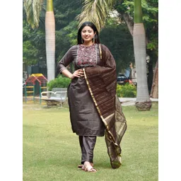 Vishudh Women Taupe Ethnic Motifs Yoke Design Empire Kurta with Trousers With Dupatta-picture-28