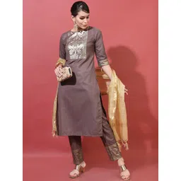 Vishudh Women Taupe Printed Kurta with Trousers & Dupatta-picture-31