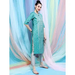 Vishudh Women Turquoise Blue & Silver-Toned Ethnic Motifs Printed Keyhole Neck Kurta-picture-23