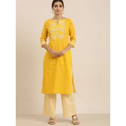 Vishudh Women Yellow & Off-White Printed Kurta with Palazzos-picture-35