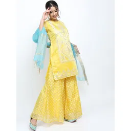 Vishudh Women Yellow Ethnic Motifs Printed Kurti with Palazzos & With Dupatta-picture-19