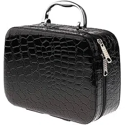 Viulvuk Latest Stylish Cosmetic Bag for Women | Toiletry Storage Pouch & Jewellery Organizer of PU Leather | Makeup Case with Compact Magnifying Mirror for Travel (20x14x8 cm, Black)-image-4