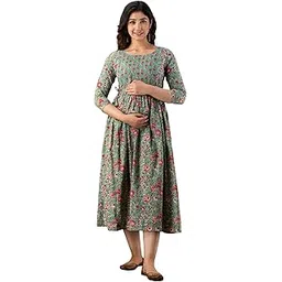 vivan enterprises Women's Pure Cotton Maternity Gown/Maternity Wear/Feeding Gown A-line Maternity Feeding Dress/Maternity Dress for Women/Maternity Feeding Kurtis for Women-Grey Pink Flower-picture-35