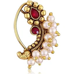 vivastri fashion jewellery Vivastri Gold Plated Red Pearls (Moti) with CZ stone Alloy Maharashtrian Cultural Nath Nathiya/Nose Pin for women[VIVA1256NTH-PRESS-RED]-picture-11