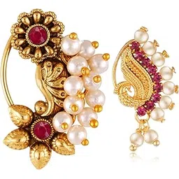 vivastri fashion jewellery Vivastri Premium Gold Plated White Pearl,Moti Beaded Alloy Nath,Nathiya,Nosepin,Nosering,Guttapusalu For Women & Girls -VIVA1180-1080NTH-PRESS-RED-picture-24