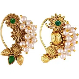 vivastri fashion jewellery Vivastri Premium Gold Plated White Pearl,Moti Beaded Alloy Nath,Nathiya,Nosepin,Nosering,Guttapusalu For Women & Girls -VIVA1181-1167NTH-Press-Green-picture-22
