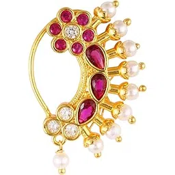 Vivastri Gold Plated with Pearl Alloy and Artificial CZ stone Non Piercing Nath for women-VIVA1191NTH-Press-Red-picture-31