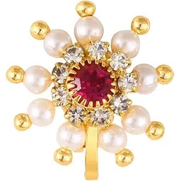 Vivastri Gold Plated with Pearl Alloy and Artificial CZ stone Non Piercing Nath for women-VIVA1192NTH-Clipon-Red-picture-30