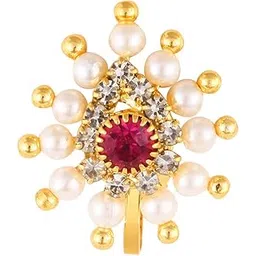 Vivastri Gold Plated with Pearl Alloy and Artificial CZ stone Non Piercing Nath for women-VIVA1193NTH-Clipon-Red-picture-11