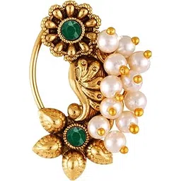 Vivastri Gold Plated with Pearl Alloy and Artificial stone Non Piercing Maharashtrian Nath for women (VIVA1180NTH-Press-Green)-picture-29